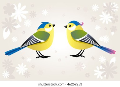 tit birds on a spring background with flowers