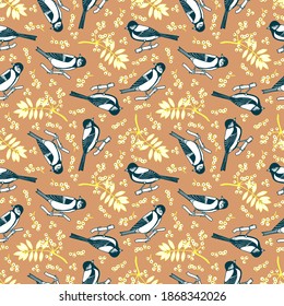 El patrón de las aves en tetas es fluido. Rowan branch. Ilustración de material vectorial eps10. Dibujo manual.
