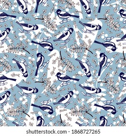 Tit birds seamless pattern. Rowan branch. Vector stock illustration eps10. Hand drawing.
