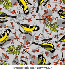 Tit birds seamless pattern. Rowan branch. Vector stock illustration eps10. Hand drawing.
