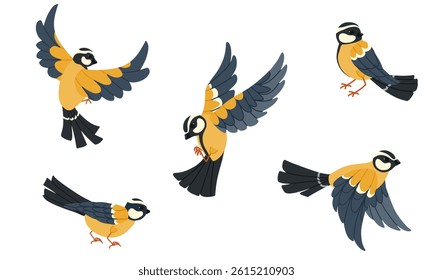 Tit birds set of vector illustrations. Blue and yellow flying bird isolated on white background. Flat hand drawn simple art for logo design, print, sticker, web