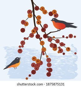 Tit, bullfinch sit on a branch of mountain ash - abstract background - art, vector.Winter landscape.