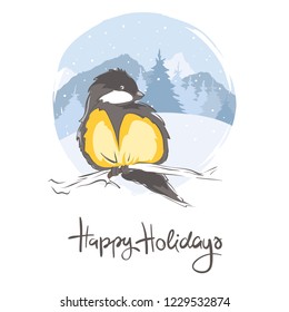 Tit on branch / Vector illustration, winter background, Christmas card