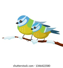 Tit on a tree branch. Snow on the tree and birds. A group of forest cute animal titmouse. Element of winter landscape. Funny chickadee