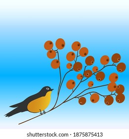 Tit, rowan branch - abstract background - art, vector. Winter landscape.