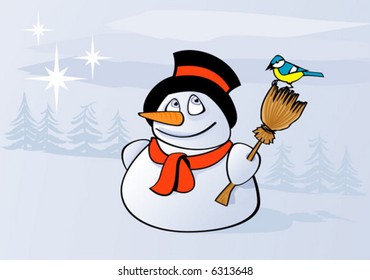 Tit and snowman in winter landscape