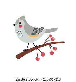A tit with a tuft on a branch with berries. Vector element of a gray bird in a trendy flat style. Perfect for a print, postcard or label