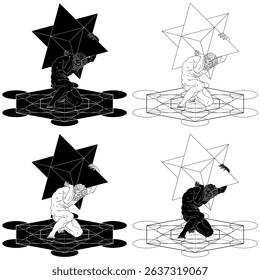 Titan Atlas holding Merkaba symbol on his shoulders and with Metatron, titan of greek mythology with sacred geometry