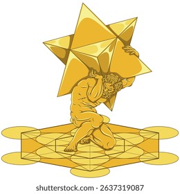 Titan Atlas holding Merkaba symbol on his shoulders and with Metatron, titan of greek mythology with sacred geometry