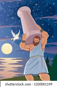 O Titã Atlas sustenta os céus por meio de um pilar em seus ombros. O cavalo alado Pegasus está passando por ele.