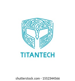 Titan Technology Logo. Titan Mask With Fingerprint Shape For Tech Company. Biometric Logo For Security