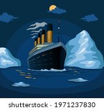 Titanic cruise ship sail in sea iceberg in night scene illustration in cartoon vector