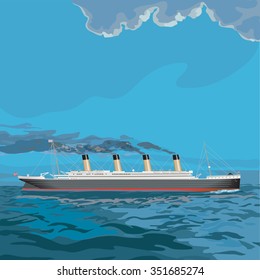 Titanic, vintage steam ship illustration with black smoke pouring out it's stacks as it chugs across the sea.