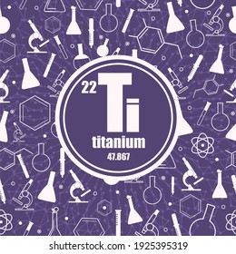 Elemento químico de titanio. Firma con número atómico y peso atómico. Elemento químico del cuadro periódico. Líneas conectadas con puntos. Círculo con iconos.