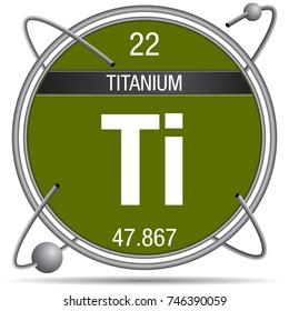 Titanium symbol  inside a metal ring with colored background and spheres orbiting around. Element number 22 of the Periodic Table of the Elements - Chemistry 