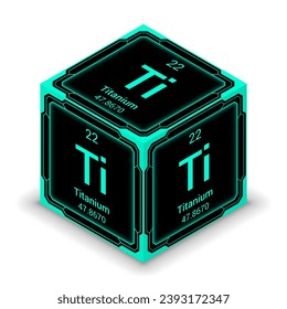 Titanium (Ti) (022) - Fundamental Element Futuristic Cybernetic Cube Block Isometric View, Icon Isolated White Background, Periodic Table, Chemical Symbol, Name, Atomic Mass, Atomic Number