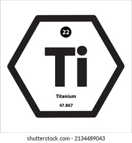 Titanium (Ti) chemical element icon hexagon shape black border white background. It is chemical element with symbol Ti, atomic number 22, low density, hardness. Used to study in science for education.