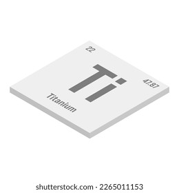 Titanium, Ti, gray 3D isometric illustration of periodic table element with name, symbol, atomic number and weight. Transition metal with various industrial uses, such as in aerospace, medical