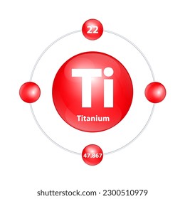 Titanium (Ti) Icon structure chemical element round shape circle light red with surround ring. 3D Illustration vector. Period number shows of energy levels of electron. Study science for education