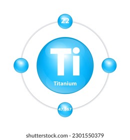 Titanium (Ti) Icon structure chemical element round shape circle light blue with surround ring. Period number shows of energy levels of electron. Study science for education. 3D Illustration vector.