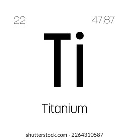 Titanium, Ti, periodic table element with name, symbol, atomic number and weight. Transition metal with various industrial uses, such as in aerospace, medical implants, and as a component in certain