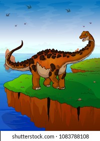 Titanosaur on the background of the sea. Vector illustration.