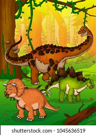 Titanosaur, Stegosaurus and Triceratops on the background of forest