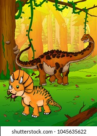 Titanosaur and Triceratops on the background of forest