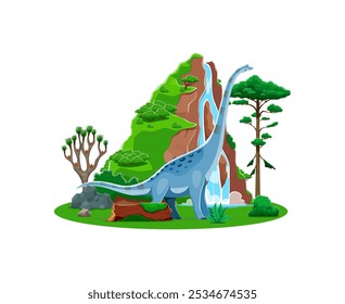 Titanosauria personaje de dinosaurio prehistórico. Dino saurópodo de Vector de dibujos animados aislado en un paisaje exuberante con árboles, cascada y rocas. Mundo Jurásico Antiguo o Mesozoico, hábitat natural de los dinosaurios