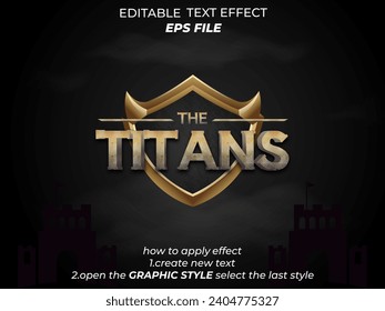 Texteffekt der Titanen, Schrifteditierbarkeit, Typografie, 3D-Text für Badge-Spiel, mittelalterliche Fantasie- und rpg-Spiele. Vektorvorlage