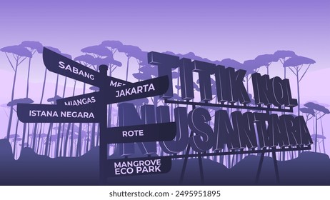 Titik Nol Nusantara Silhouette Wallpaper. A Monument Located In The Archipelagos Capital City. Background Design with Forest and Street Sign. Flat Design for Poster, Wallpaper, Website, and Cover.