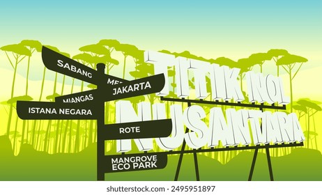 Titik Nol Nusantara Silhouette Wallpaper. A Monument Located In The Archipelagos Capital City. Background Design with Forest and Street Sign. Flat Design for Poster, Wallpaper, Website, and Cover.