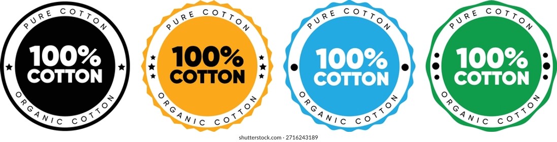 Title: 100% Cotton Badge Set, Pure Organic Fabric Labels, Natural Textile Guarantee Seals, Vector Clothing Tags in Green, Blue, Orange and Black Colors