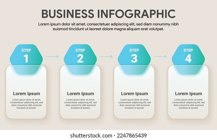 Title: 4 step business process timeline infographics. Turquoise Hexagon curve shape glass morphism effect. Vector illustration.