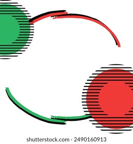 Title Abstract geometric design with green and red circles, black lines, and curved lines. Suitable for backgrounds, patterns, and modern art concepts.