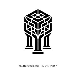 Title: Abstract geometric line art tree pillars architecture vector icon. Corporate financial infrastructure, structured tech network growth logo element.