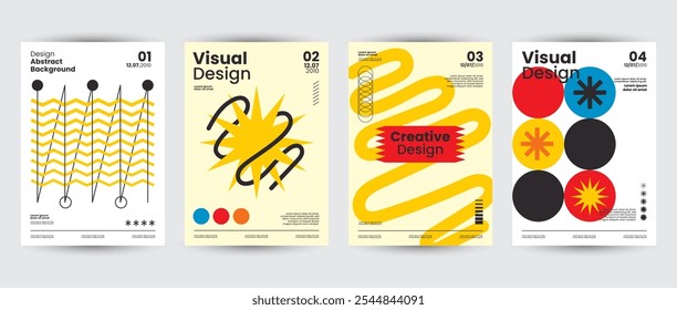Titel: Abstrakte Gemälde minimalistische Hintergründe. Satz von geometrischen Vektorgrafiken. Designs im Stil von Memphis und Bauhaus. Geometrische Formen, Hintergründe, trendige Muster.