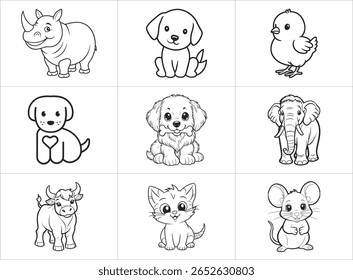 Título: Adorável Desenho Animado Baby Animals Preto e Branco Conjunto de Arte Linha.