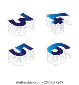 Title: architecture style text, Isometric alphabet, numbers Abc uppercase letters, typography 3d elements, signs, symbols. Vector illustration in line art style

