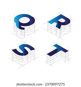 Title: architecture style text, Isometric alphabet, numbers Abc uppercase letters, typography 3d elements, signs, symbols. Vector illustration in line art style

