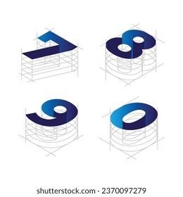 Titel: Text im Architekturstil, isometrisches Alphabet, Zahlen Abc Großbuchstaben, 3D-Typografie, Zeichen, Symbole. Vektorgrafik im Kunststil

