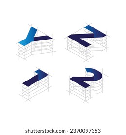 Title: architecture style text, Isometric alphabet, numbers Abc uppercase letters, typography 3d elements, signs, symbols. Vector illustration in line art style


