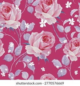 Title (around 150 characters):
Romantic pink rose floral seamless pattern for textile print on fabric and wallpaper, hand-painted flowers with purple leaves on magenta background
