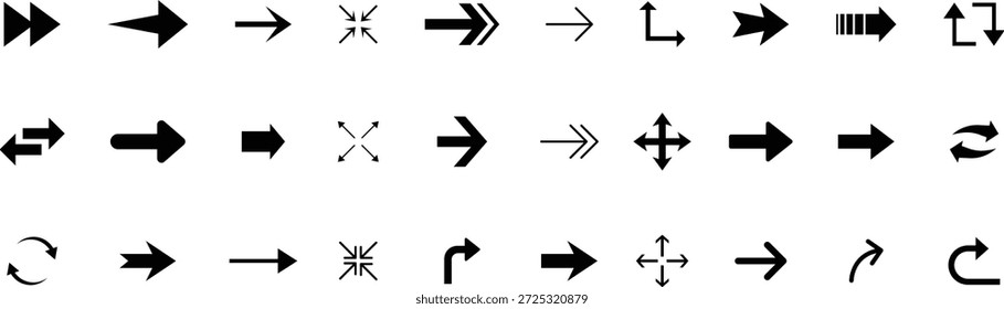 Conjunto de iconos de flecha de título. Iconos de flecha negra. Icono de conjunto de flechas. Iconos de flechas negras. Colección de diferentes signos de flechas. Modernas flechas simples. Puntero de dirección negro.