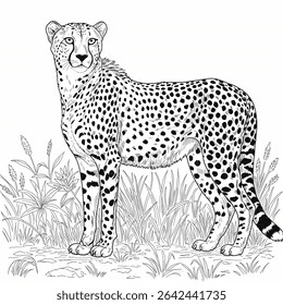 Title :
Asiatic Cheetah – Acinonyx jubatus venaticus. Cheetah stands gracefully with detailed spots in lush grassy field. Wildlife illustration concept