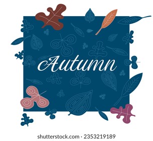 Title: Autumn. Blue squared background with handmade leaves. Insert of orange and brown elements