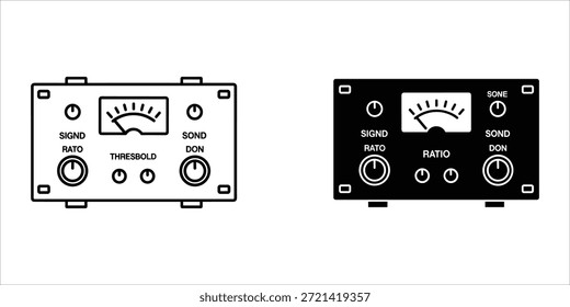 Title: Black and white of an audio compressor with control knobs and meter