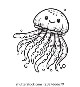 Title Black and white cartoon of a jellyfish.
Suitable for childrens books, educational materials, marinethemed designs, and aquatic illustrations. Engaging and playful underwater character.