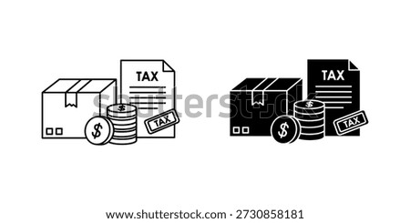 Title: Black and white of tax documents and money stacks next to shipping boxes