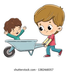 Title: Boy playing with a wheelbarrow walking his brother